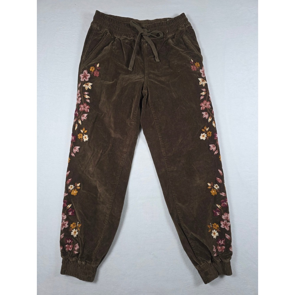 Driftwood Corduroy Floral Embroidered Jogger Pants Small Brown Boho Cottagecore
